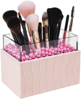 Leather Makeup Brush Cosmetic Organiser Storage Box with Pink Pearls and Acrylic Cover (Pink) Beauty Bazaar Kings Warehouse 