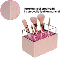 Leather Makeup Brush Cosmetic Organiser Storage Box with Pink Pearls and Acrylic Cover (Pink) Beauty Bazaar Kings Warehouse 