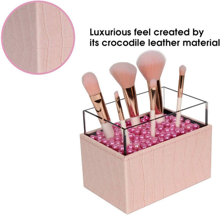 Leather Makeup Brush Cosmetic Organiser Storage Box with Pink Pearls and Acrylic Cover (Pink) Beauty Bazaar Kings Warehouse 