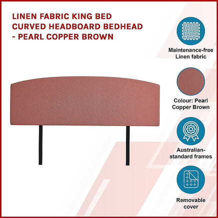 Linen Fabric King Bed Curved Headboard Bedhead - Pearl Copper Brown Furniture Kings Warehouse 
