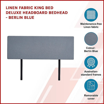 Linen Fabric King Bed Deluxe Headboard Bedhead - Berlin Blue Furniture Kings Warehouse 