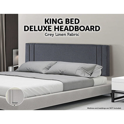 Linen Fabric King Bed Deluxe Headboard Bedhead - Grey Furniture Kings Warehouse 