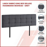 Linen Fabric King Bed Deluxe Headboard Bedhead - Grey Furniture Kings Warehouse 