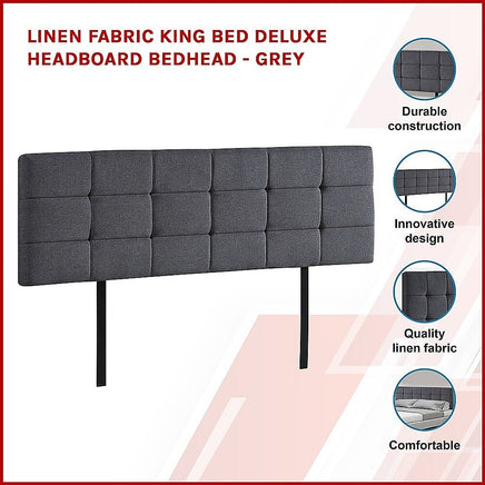Linen Fabric King Bed Deluxe Headboard Bedhead - Grey Furniture Kings Warehouse 