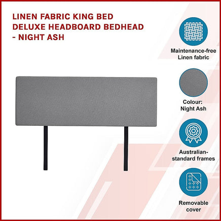 Linen Fabric King Bed Deluxe Headboard Bedhead - Night Ash Furniture Kings Warehouse 
