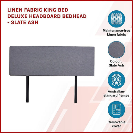 Linen Fabric King Bed Deluxe Headboard Bedhead - Slate Ash Furniture Kings Warehouse 
