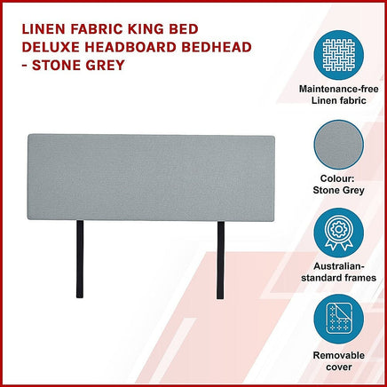 Linen Fabric King Bed Deluxe Headboard Bedhead - Stone Grey Furniture Kings Warehouse 