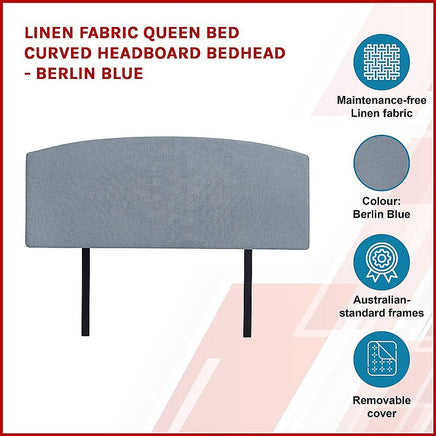 Linen Fabric Queen Bed Curved Headboard Bedhead - Berlin Blue Furniture Kings Warehouse 