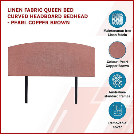 Linen Fabric Queen Bed Curved Headboard Bedhead - Pearl Copper Brown Furniture Kings Warehouse 