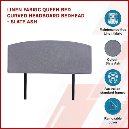 Linen Fabric Queen Bed Curved Headboard Bedhead - Slate Ash Furniture Kings Warehouse 