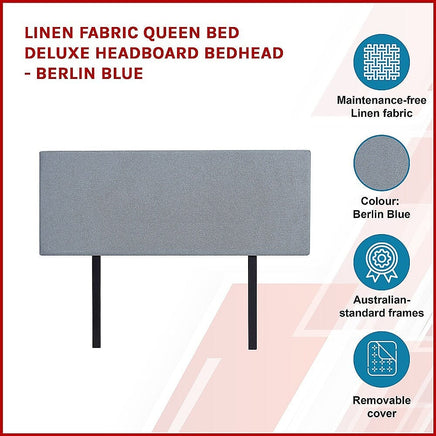 Linen Fabric Queen Bed Deluxe Headboard Bedhead - Berlin Blue Furniture Kings Warehouse 