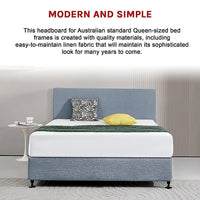 Linen Fabric Queen Bed Deluxe Headboard Bedhead - Berlin Blue Furniture Kings Warehouse 