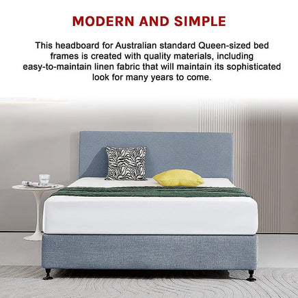 Linen Fabric Queen Bed Deluxe Headboard Bedhead - Berlin Blue Furniture Kings Warehouse 