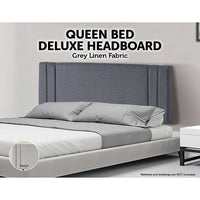 Linen Fabric Queen Bed Deluxe Headboard Bedhead - Grey Furniture Kings Warehouse 