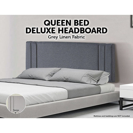 Linen Fabric Queen Bed Deluxe Headboard Bedhead - Grey Furniture Kings Warehouse 