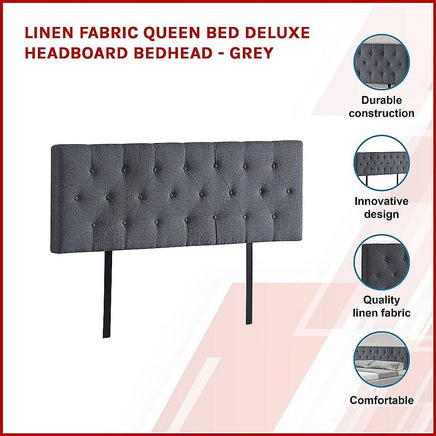 Linen Fabric Queen Bed Deluxe Headboard Bedhead - Grey Furniture Kings Warehouse 