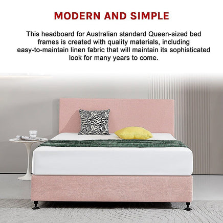 Linen Fabric Queen Bed Deluxe Headboard Bedhead - Pale Pink Furniture Kings Warehouse 