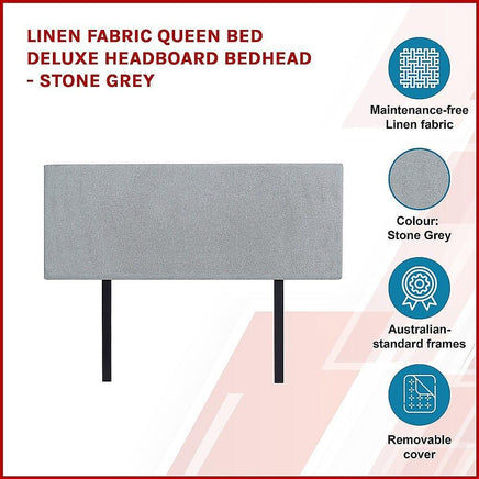 Linen Fabric Queen Bed Deluxe Headboard Bedhead - Stone Grey Furniture Kings Warehouse 