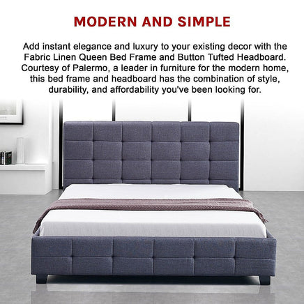 Linen Fabric Queen Deluxe Bed Frame Grey Kings Warehouse 