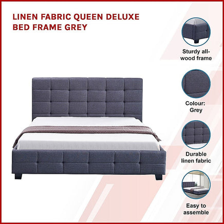 Linen Fabric Queen Deluxe Bed Frame Grey Kings Warehouse 