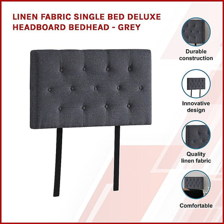 Linen Fabric Single Bed Deluxe Headboard Bedhead - Grey Furniture Kings Warehouse 
