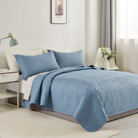 Lisbon Quilted 3 Pieces Embossed Coverlet Set-queen/king blue Kings Warehouse 