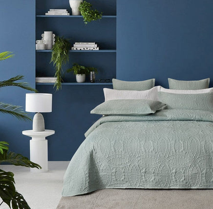 Lisbon Quilted 3 Pieces Embossed Coverlet Set-queen/king sage green Occasions Kings Warehouse 