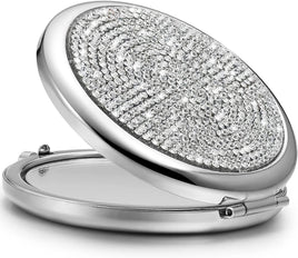 Mini Small Diamond 1X/2X Magnifying Round Metal Pocket Makeup Mirror (Silver) Kings Warehouse 