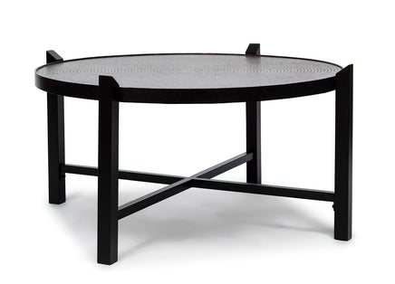 Modern Black Round Coffee Table with Copper Finish Engraved Top Furniture Kings Warehouse 