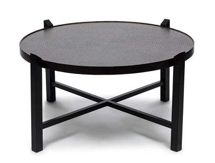 Modern Black Round Coffee Table with Copper Finish Engraved Top Furniture Kings Warehouse 