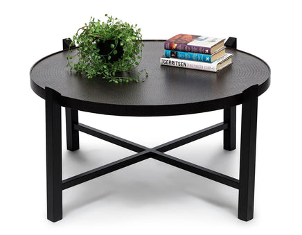 Modern Black Round Coffee Table with Copper Finish Engraved Top Furniture Kings Warehouse 