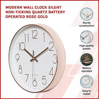 Modern Wall Clock Silent Non-Ticking Quartz Battery Operated Rose Gold Kings Warehouse 