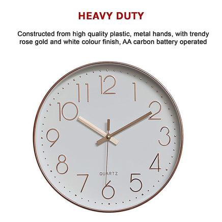 Modern Wall Clock Silent Non-Ticking Quartz Battery Operated Rose Gold Kings Warehouse 