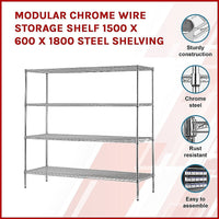 Modular Chrome Wire Storage Shelf 1500 x 600 x 1800 Steel Shelving Kings Warehouse 