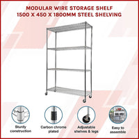 Modular Wire Storage Shelf 1500 x 450 x 1920mm Steel Shelving with Wheels Furniture Kings Warehouse 