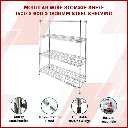 Modular Wire Storage Shelf 1500 x 600 x 1800mm Steel Shelving Furniture Kings Warehouse 