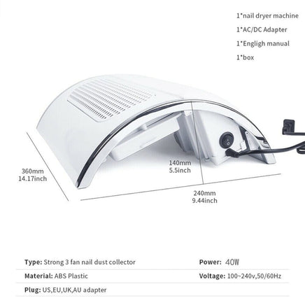 Nail Dust Collector Remover Fan Vacuum Cleaner 3 Fan Suction Manicure Machine Newly Launched Kings Warehouse 