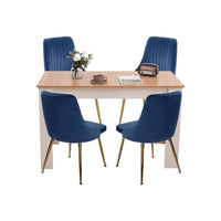 Natural Rectangular Dining Table with 4x Blue Velvet Chairs Kings Warehouse 