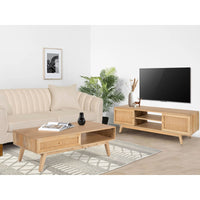 Olearia ETU Entertainment TV Unit 150cm Solid Mango Wood Rattan 2 Door Natural living room Kings Warehouse 