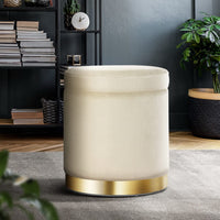 Ottoman Storage Foot Stool Round Velvet Cream Furniture Kings Warehouse 