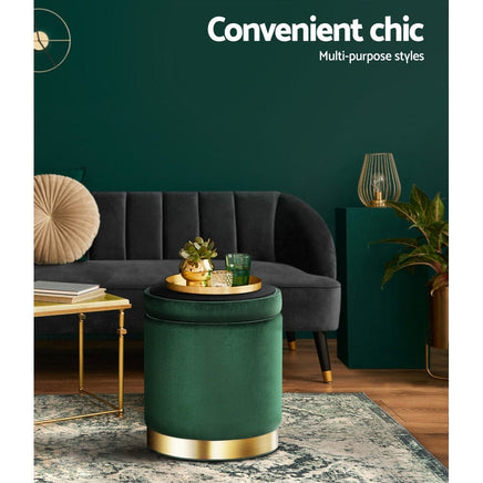 Ottoman Storage Foot Stool Round Velvet Green Furniture Kings Warehouse 