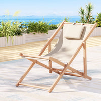 Outdoor Deck Chair Wooden Sun Lounge Folding Beach Patio Furniture Beige Furniture Kings Warehouse 