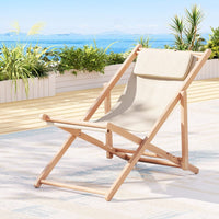 Outdoor Deck Chair Wooden Sun Lounge Folding Beach Patio Furniture Beige Furniture Kings Warehouse 