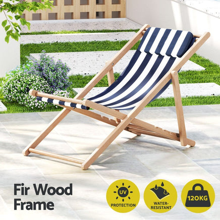 Outdoor Deck Chair Wooden Sun Lounge Folding Beach Patio Furniture Blue Furniture Kings Warehouse 