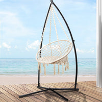 Outdoor Hammock Chair with Steel Stand Cotton Swing Hanging 124CM Cream Aussie Backyard Blitz Kings Warehouse 