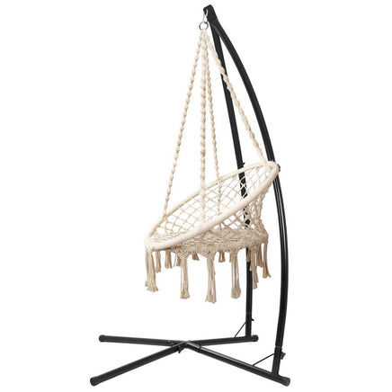 Outdoor Hammock Chair with Steel Stand Cotton Swing Hanging 124CM Cream Aussie Backyard Blitz Kings Warehouse 