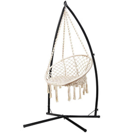Outdoor Hammock Chair with Steel Stand Cotton Swing Hanging 124CM Cream Aussie Backyard Blitz Kings Warehouse 