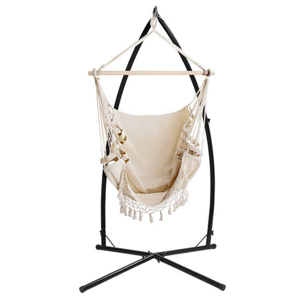 Outdoor Hammock Chair with Steel Stand Tassel Hanging Rope Hammock Cream Aussie Backyard Blitz Kings Warehouse 