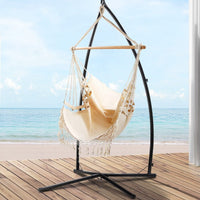 Outdoor Hammock Chair with Steel Stand Tassel Hanging Rope Hammock Cream Aussie Backyard Blitz Kings Warehouse 