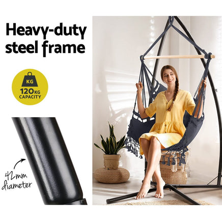 Outdoor Hammock Chair with Steel Stand Tassel Hanging Rope Hammock Grey Summer Sale Kings Warehouse 